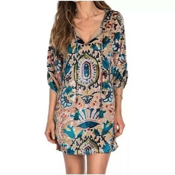 Feathers by Tolani Dress Womens Medium Velvet Burnout Tunc Anthro Boho Floral - Picture 9 of 9